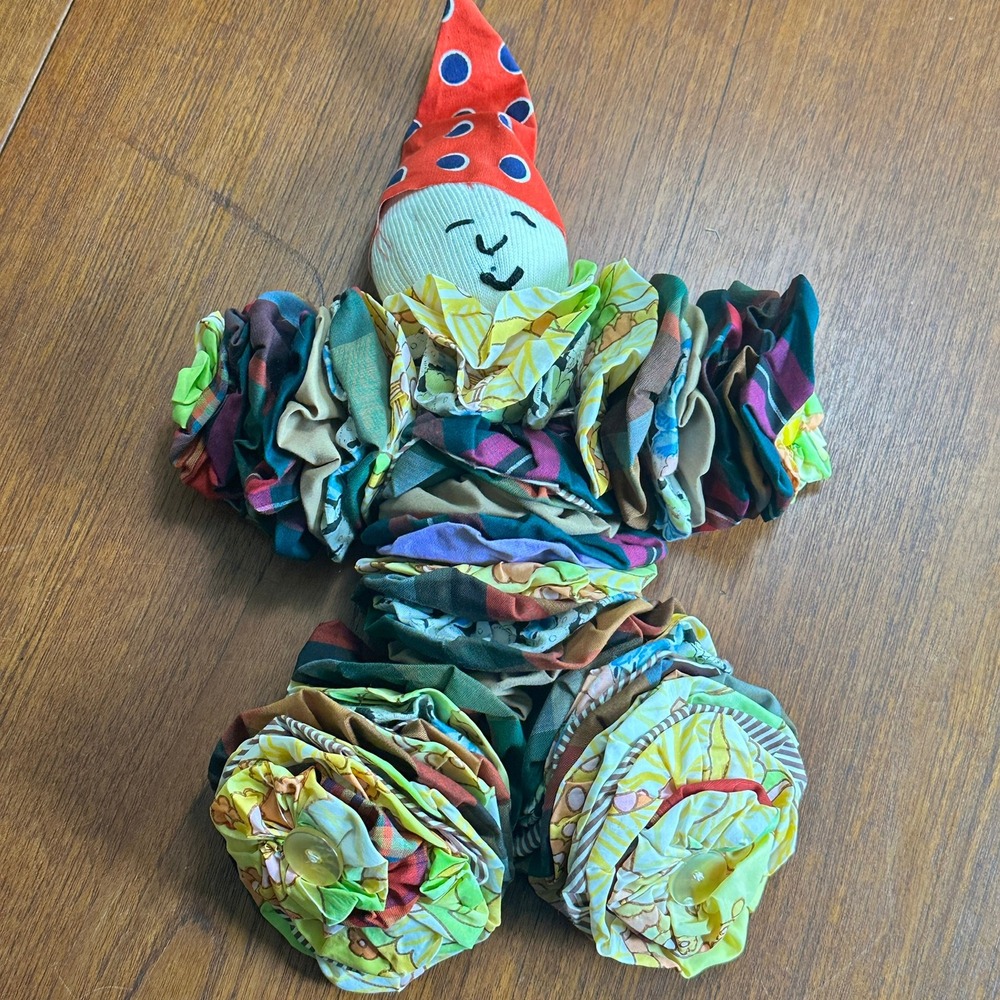 Handmade Vintage Yo-Yo Clown Doll Colorful Fabric Folk Art Plush Toy 12" Retro